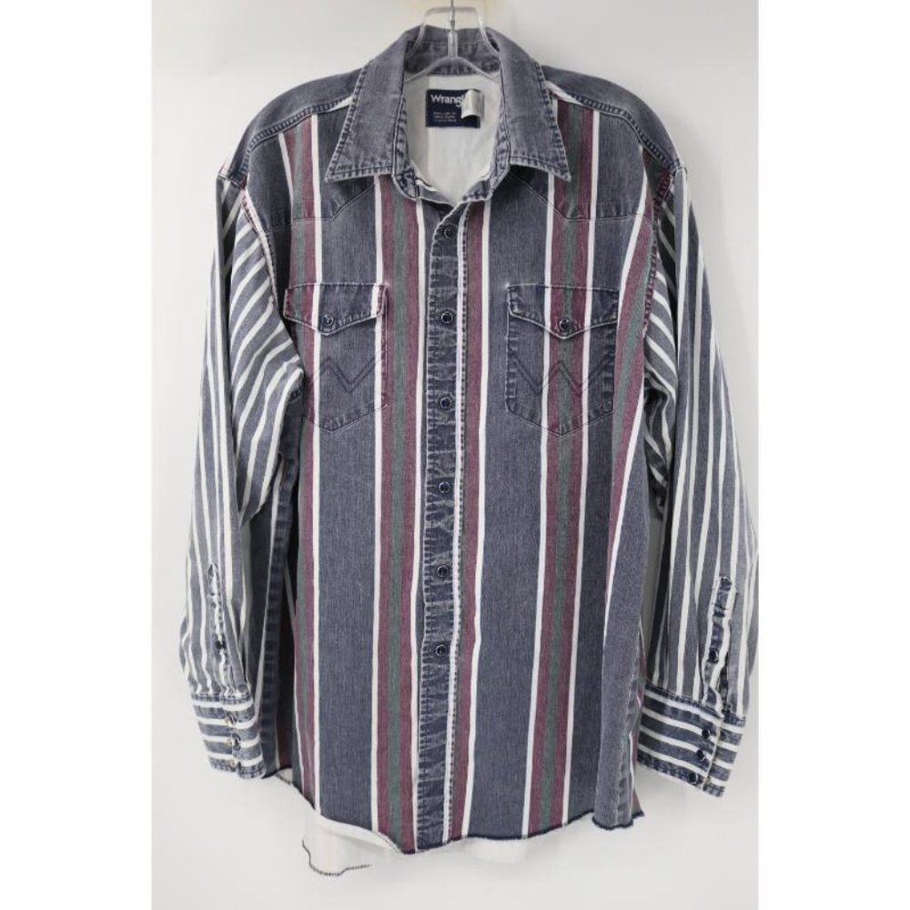VTG Wrangler Brushpopper western shirt Mens 17.5 long‎ sleeve pearl snap striped